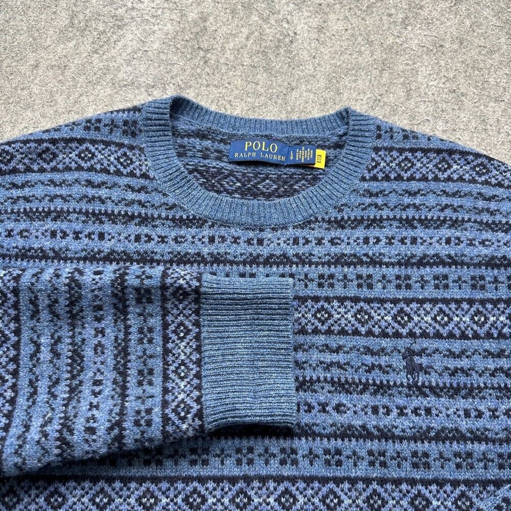 Polo Ralph Lauren Sweater Men L Blue Fair Isle Wool Crew Neck Long Sleeve